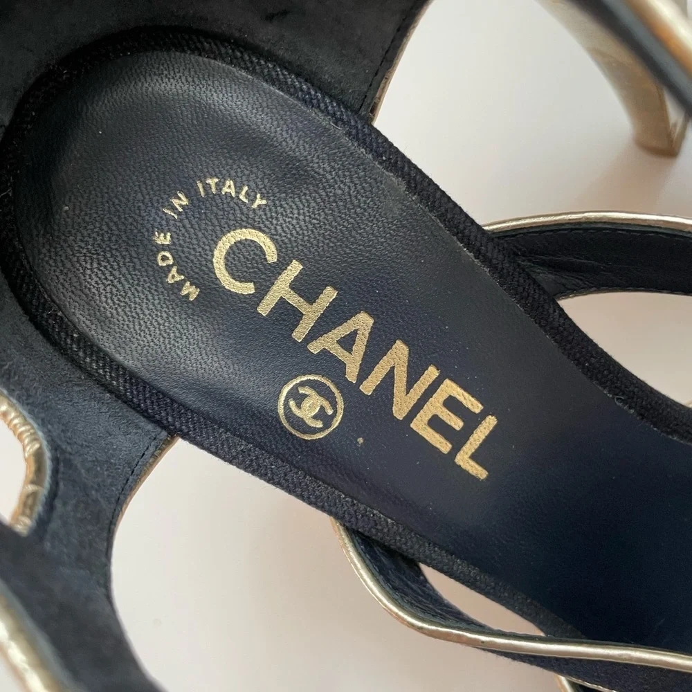 Chanel Gold Leather & Navy Peep-Toe Heels Size 7.5